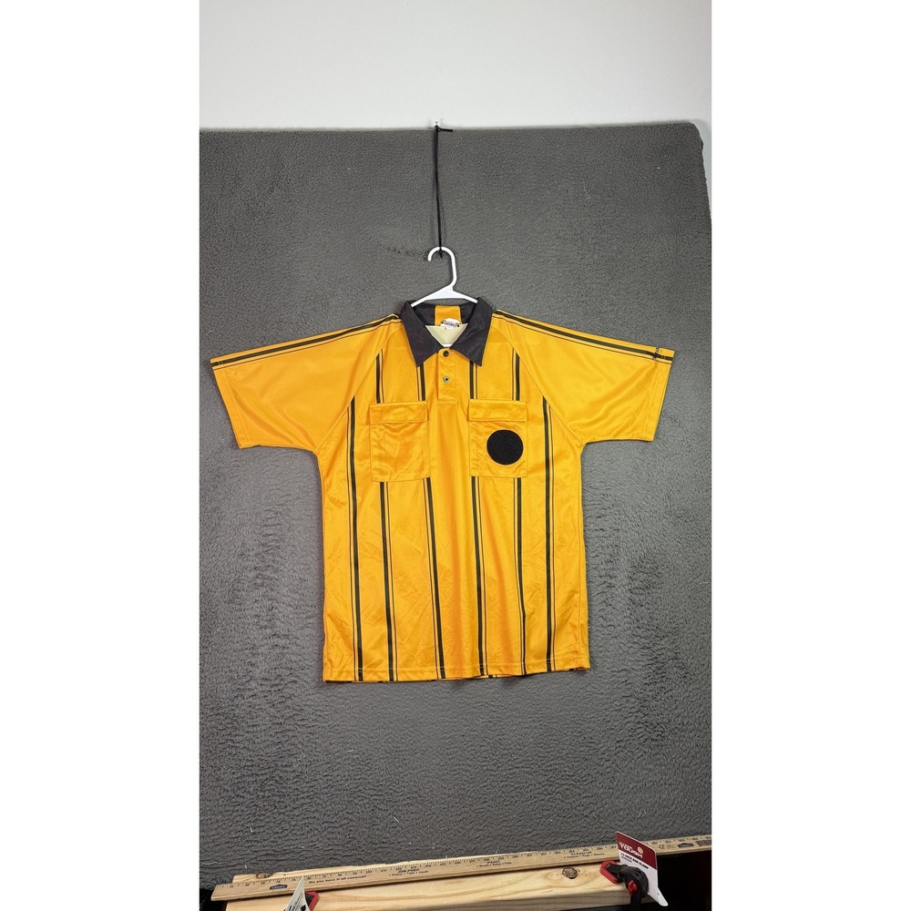 Vintage Soccer Referee‎ Shirt Mens Medium Yellow Black Striped Short Sleeve 90s